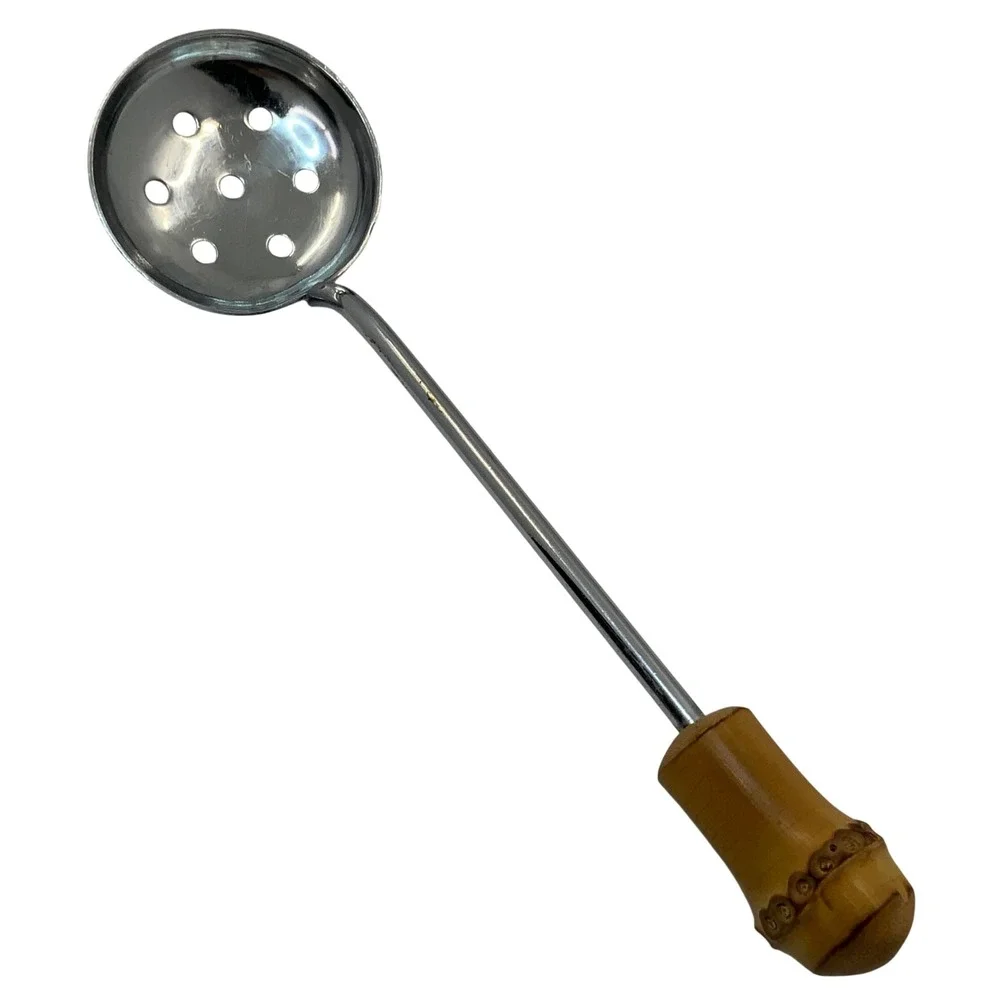 Vintage Bamboo Handle Perforated Olive Spoon Chrome 8.5in‎